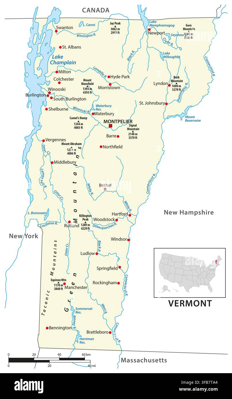 Mappa vettoriale dello stato americano del Vermont Foto Stock