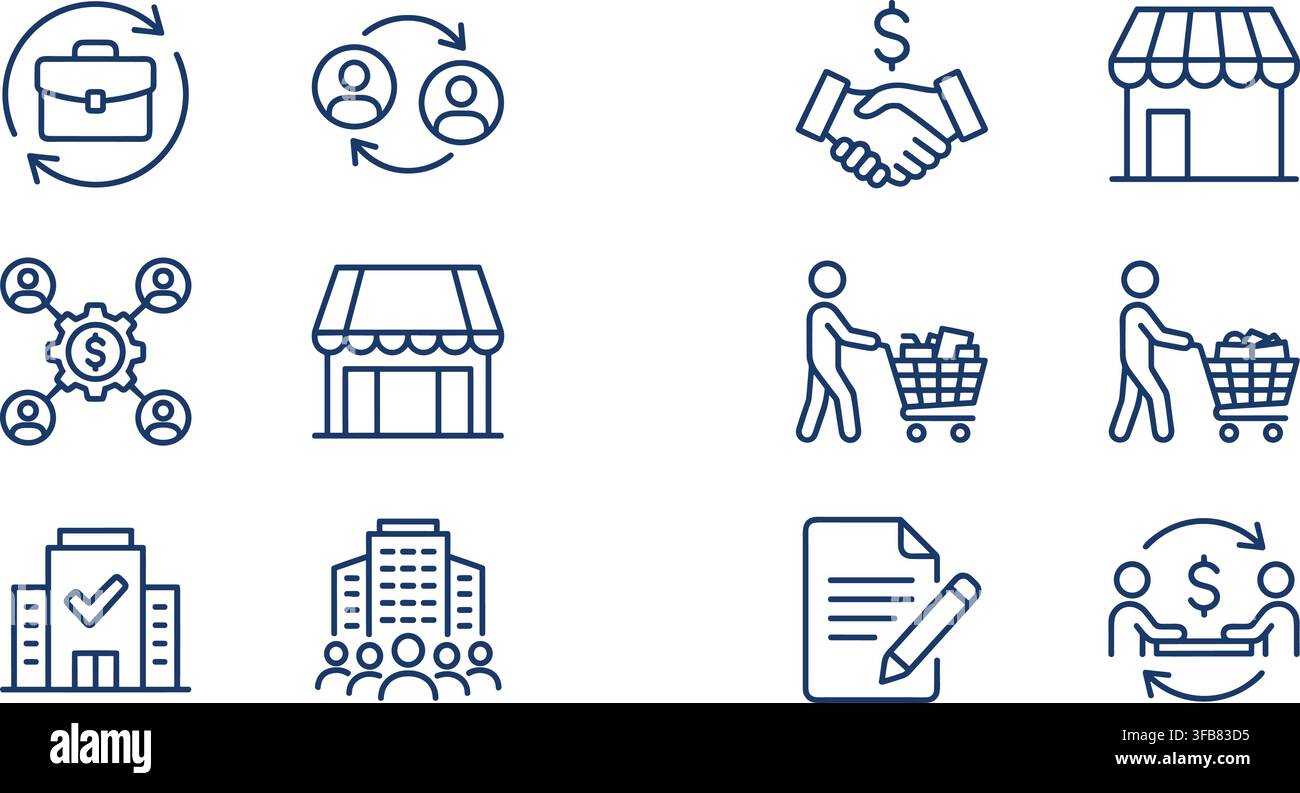 Valigetta con frecce circolari e icone di persone e una stretta di mano con icone di dollari e di edifici commerciali. Illustrazione Vettoriale