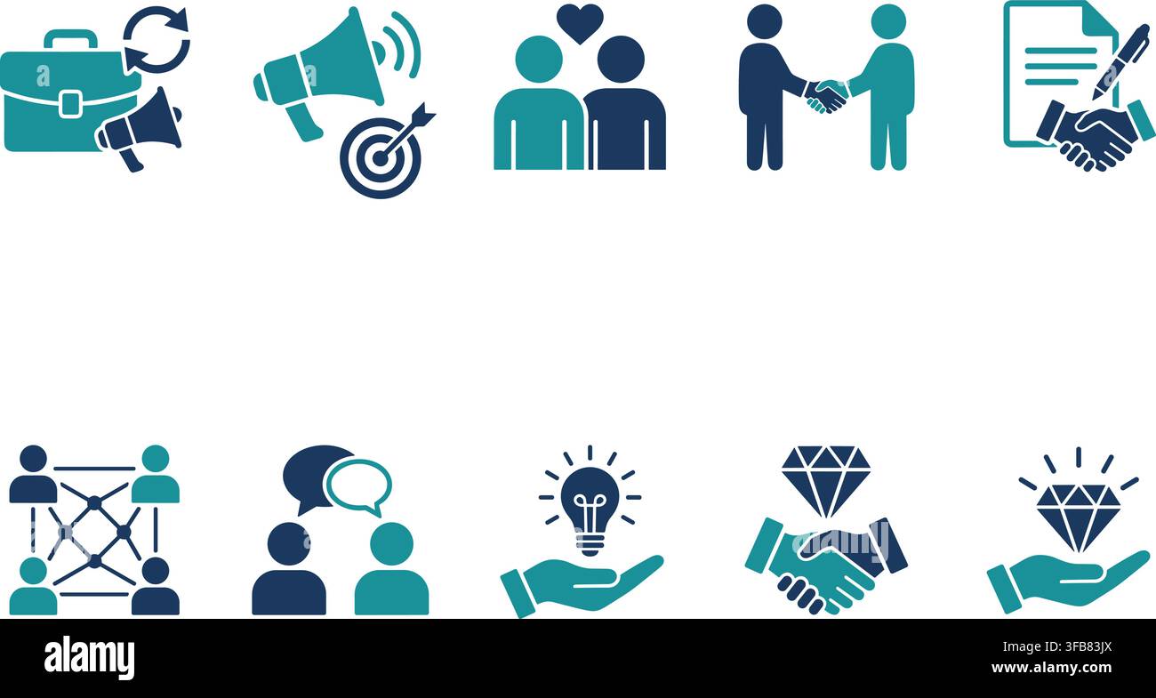 Set di icone di partnership aziendale con collaborazione professionale blu, networking e affari di successo. Illustrazione Vettoriale