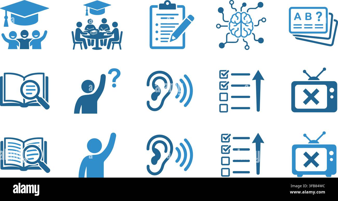 Icone piatte blu per l'apprendimento e lo studio che raffigurano studenti e libri per materiali educativi e progetti di risorse accademiche. Illustrazione Vettoriale
