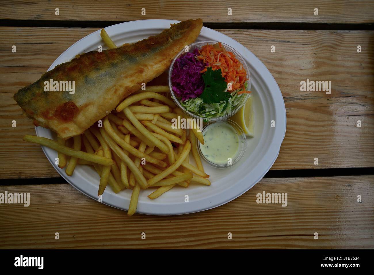 Pesce fritto, lucioperca e patatine con insalata di cavolo, patatine fritte, salsa tartara e limone su piatto di carta. Foto Stock