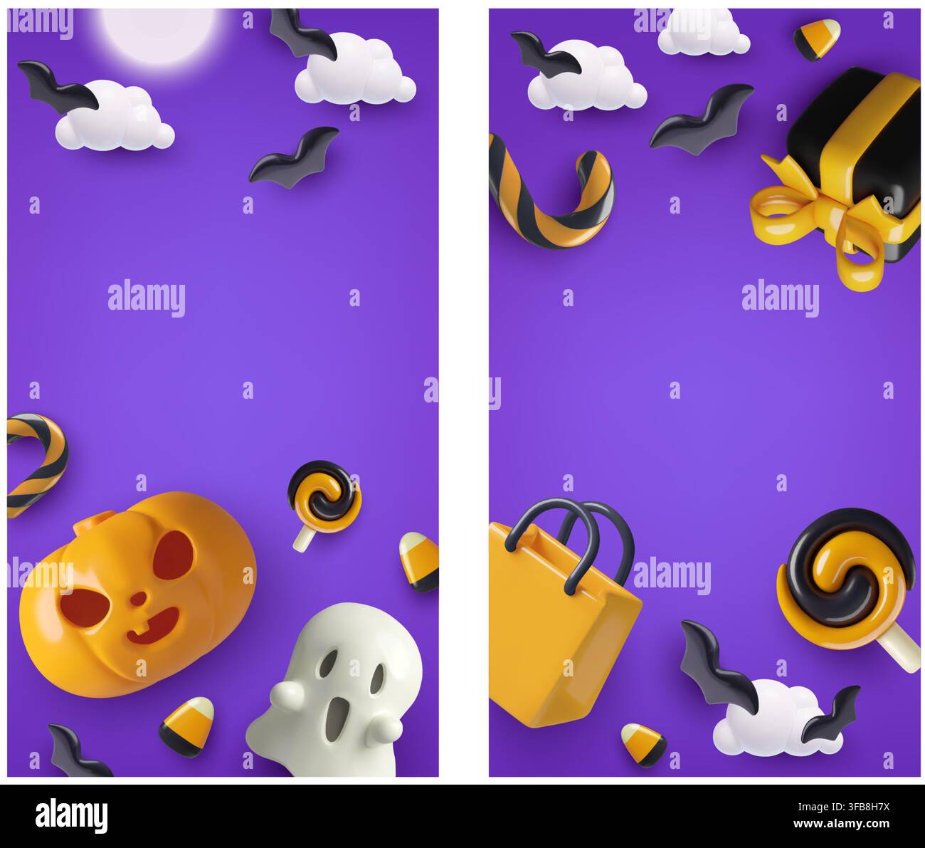 Sfondi Halloween per dolcetto o scherzetto con fantasma di zucca 3D, nuvole di caramelle e regali su un cielo viola Illustrazione Vettoriale