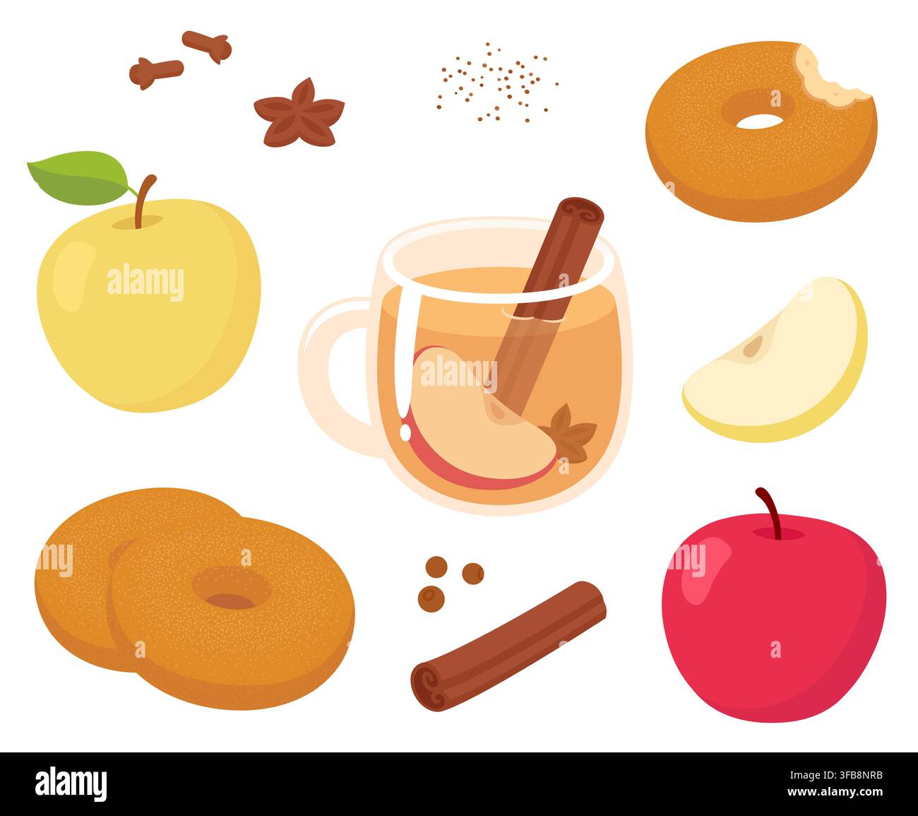 Set di disegno al succo di mela. Bicchiere di bevanda calda speziata con spezie, mele, ciambelle al succo di mela. Collezione di illustrazioni vettoriali cartoon isolate. Illustrazione Vettoriale
