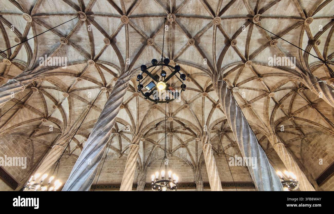 Colonne e soffitto a volta del mercato della seta di Valencia Foto Stock