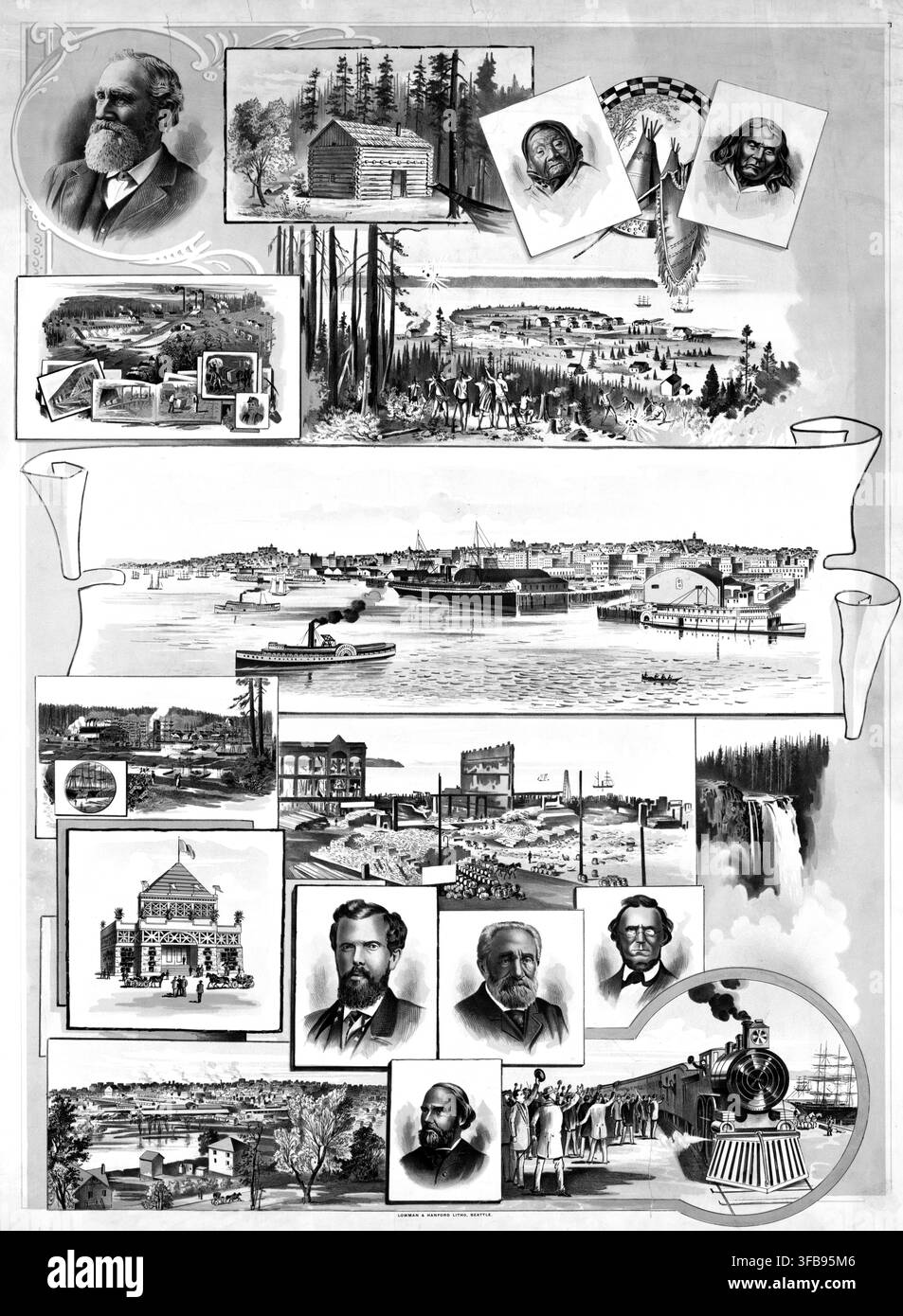 Collage della fine del XIX secolo (circa 1898) di Seattle che mostra lo sviluppo iniziale della città, i pionieri, gli edifici e le vedute del porto. Una vista panoramica centrale di Seattle dal porto è circondata da fotografie storiche, xilografie e ritratti di figure importanti nella storia della città. Oltre alla vista del porto e ai quartieri della città, il collage include raffigurazioni di capanne di tronchi dei primi coloni, ritratti di pionieri locali e figure indigene, e simboli della crescita della città, come ferrovie e spedizioni. Si tratta di una riproduzione autentica, restaurata digitalmente, di un originale del XIX secolo Foto Stock
