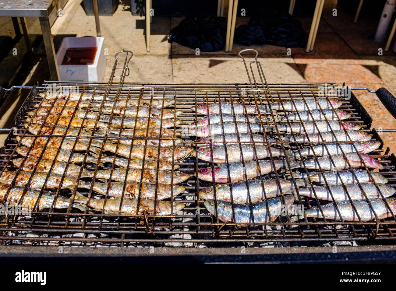 Sarde fresche grigliate su un barbecue, street food, Lisbona, Portogallo Foto Stock