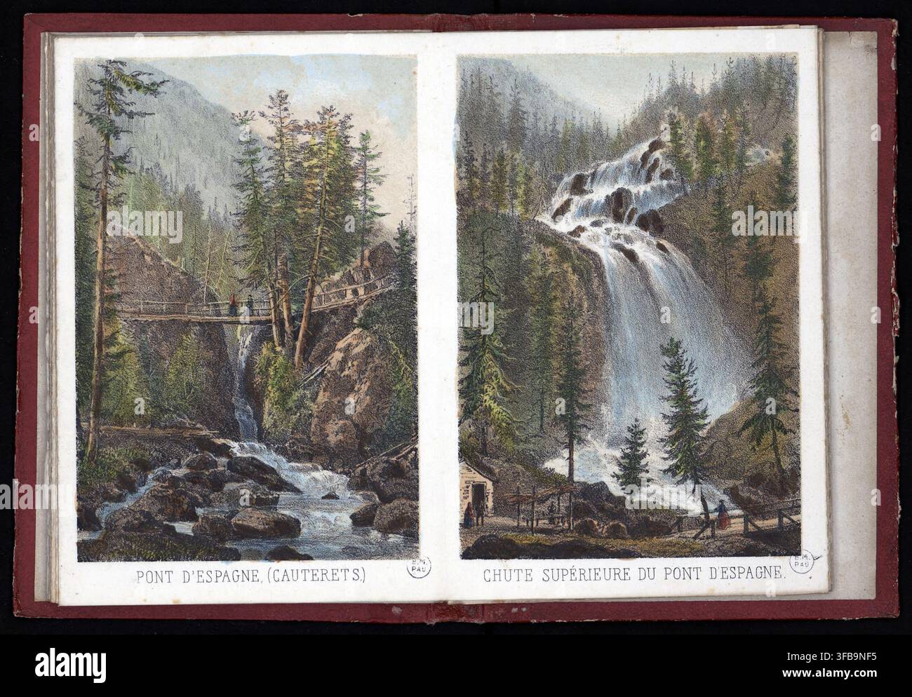 Il Pont d'Espagne, un ponte vicino a Cauterets, Francia, con la cascata superiore, in un'incisione del 1860. Foto Stock