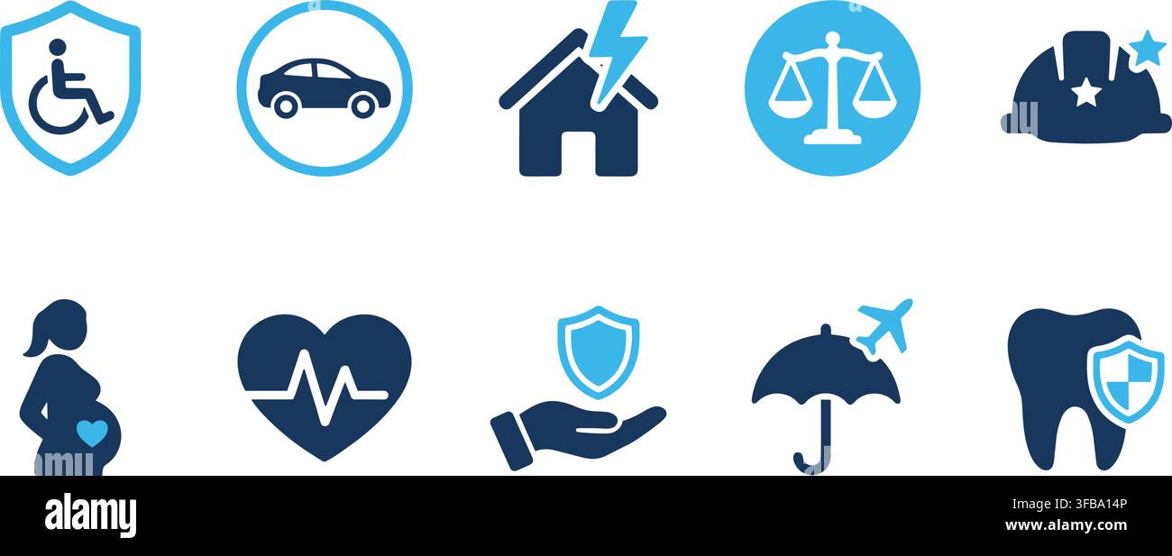 Set di icone di copertura assicurativa con scudi blu e blu navy per design di servizi medici e di protezione. Illustrazione Vettoriale