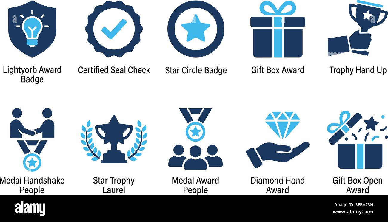 Badge di premi di gamification e icone di trofei con descrizioni testuali per ricompense e traguardi aziendali. Illustrazione Vettoriale