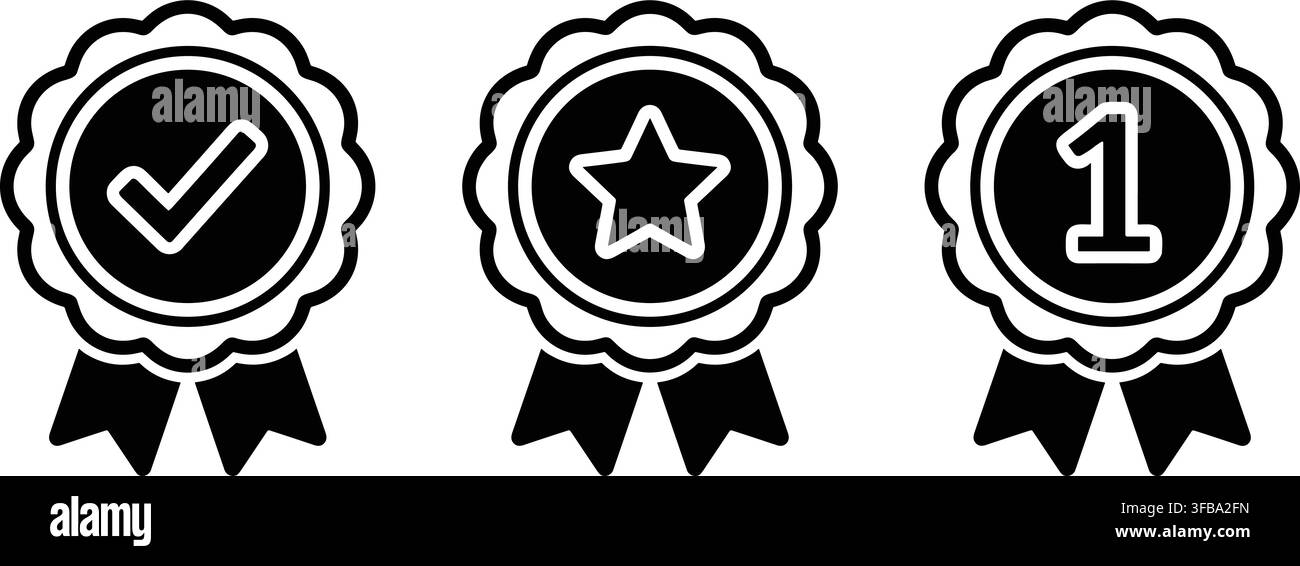 Set di badge di premiazione a forma di rosetta in bianco e nero con simboli di spunta, stella e numero uno. Illustrazione Vettoriale