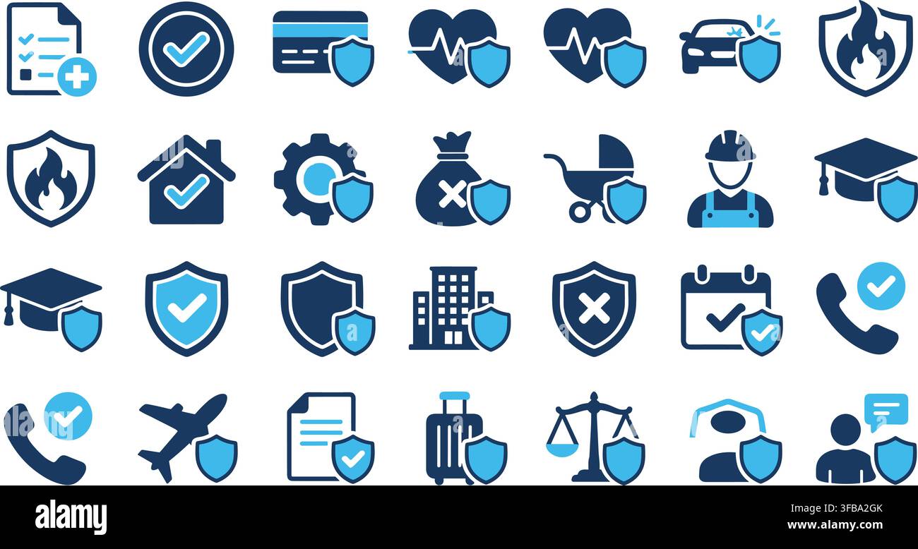 Set di icone di sicurezza e protezione blu e grigio scuro per vari scopi assicurativi e concetti di sicurezza. Illustrazione Vettoriale