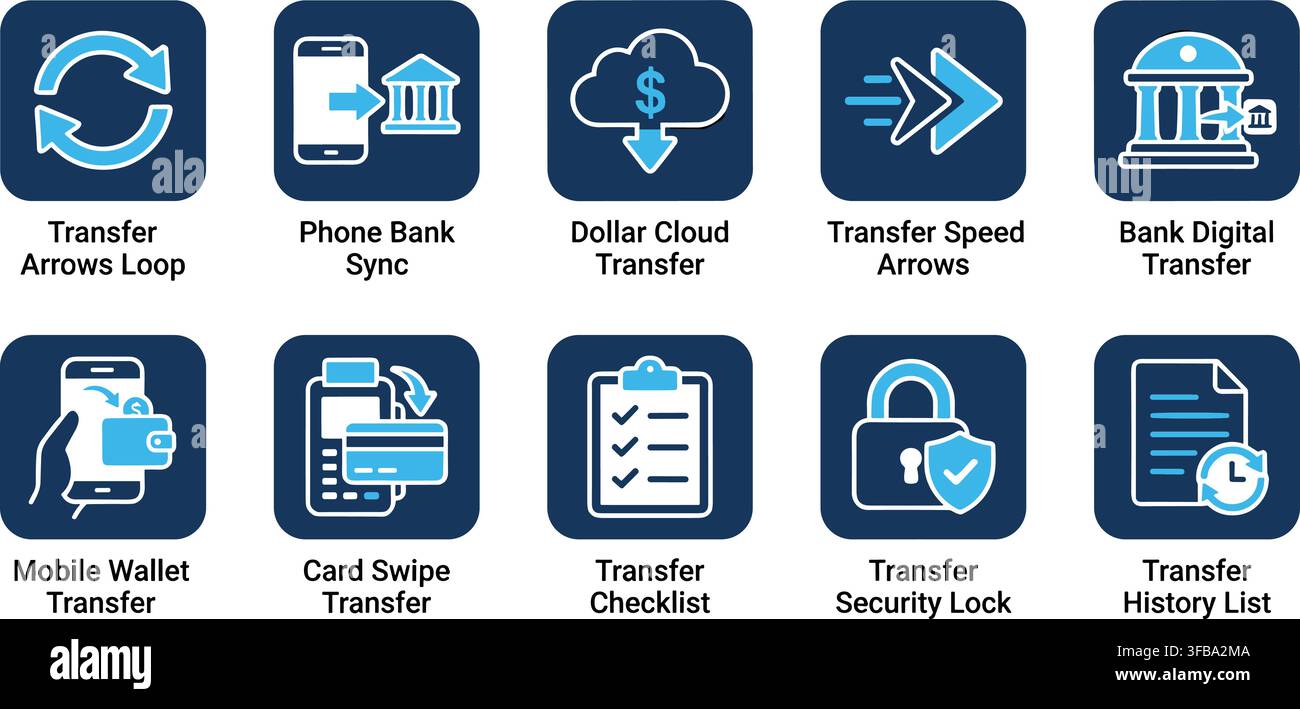Icone di trasferimento per il banking online su pulsanti blu scuro che rappresentano il portafoglio mobile e i metodi di pagamento digitali. Illustrazione Vettoriale