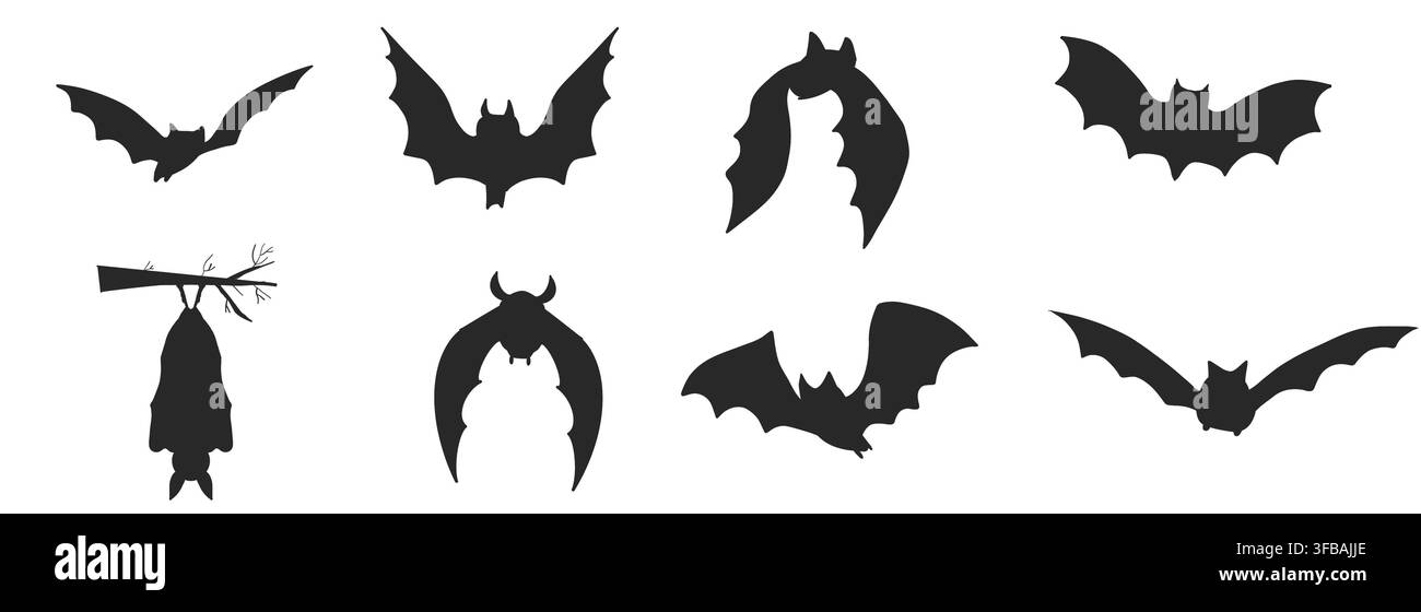 Set di pipistrelli volanti, silhouette di pipistrello sospeso. Creature volanti di Halloween. Le silhouette di pipistrelli creano un'atmosfera spettrale di Halloween. Silhouette alate spettrali perfette per decorazioni gotiche, inviti horror, se. Illustrazione vettoriale Illustrazione Vettoriale