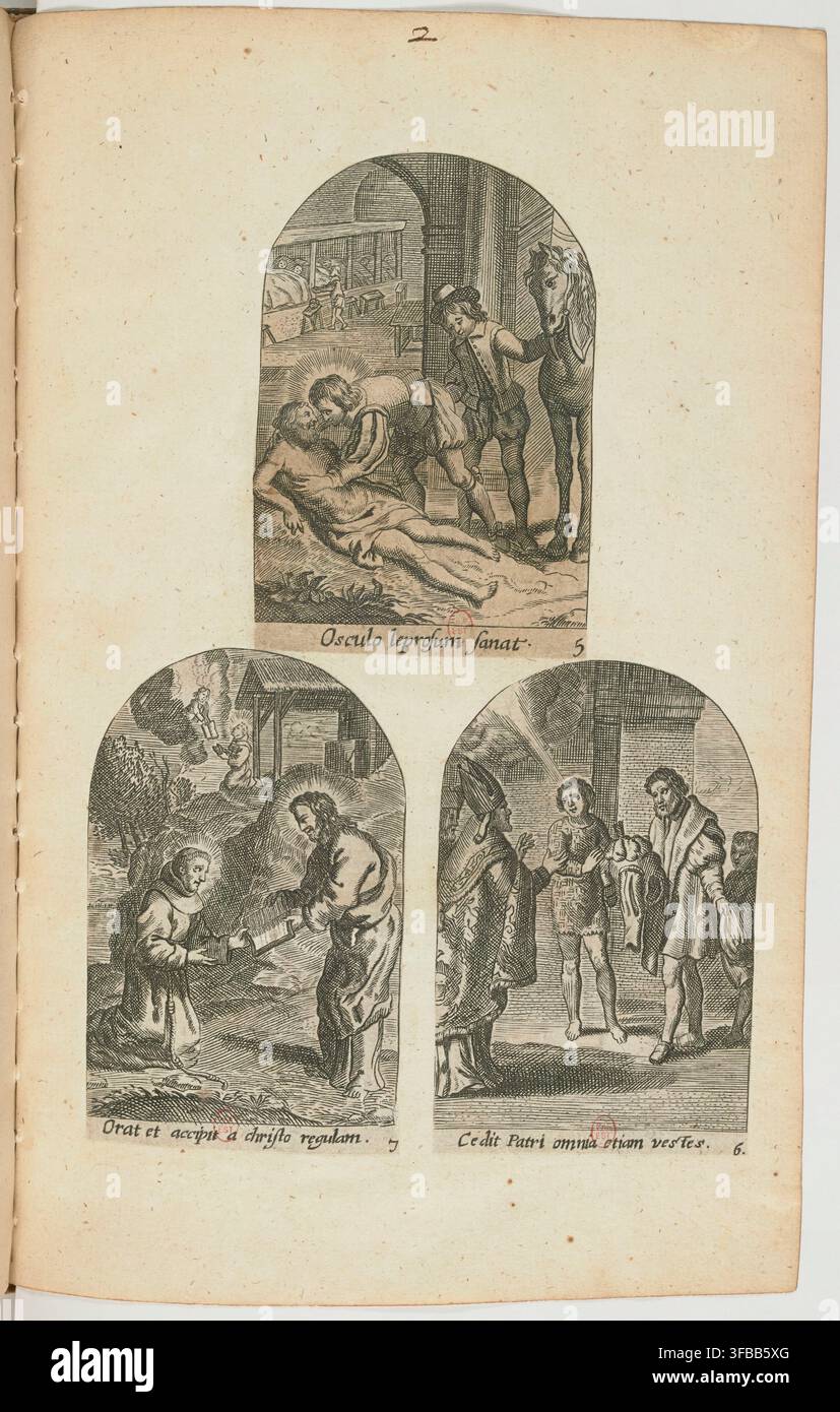 Un'incisione del 1700 di Jean-Baptiste Barbé, un incisore francese, tratta dalla serie Recueil d'estampes religieuses, che presenta scene religiose con iscrizioni tra cui Osculo leprosum sanat e Orat et accipit a christo regulam. Foto Stock