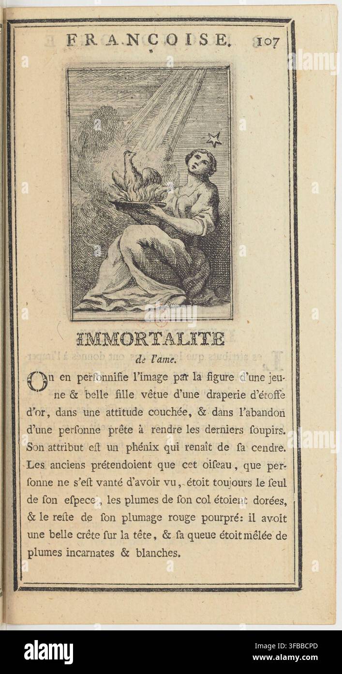 Una figura allegorica di una giovane donna, rappresentante l'immortalità dell'anima, raffigurata sdraiata e che tiene un fenice, simbolo di rinascita, in un'incisione del 1766 di un artista sconosciuto, intitolata "Immortalite de l'ame". Foto Stock
