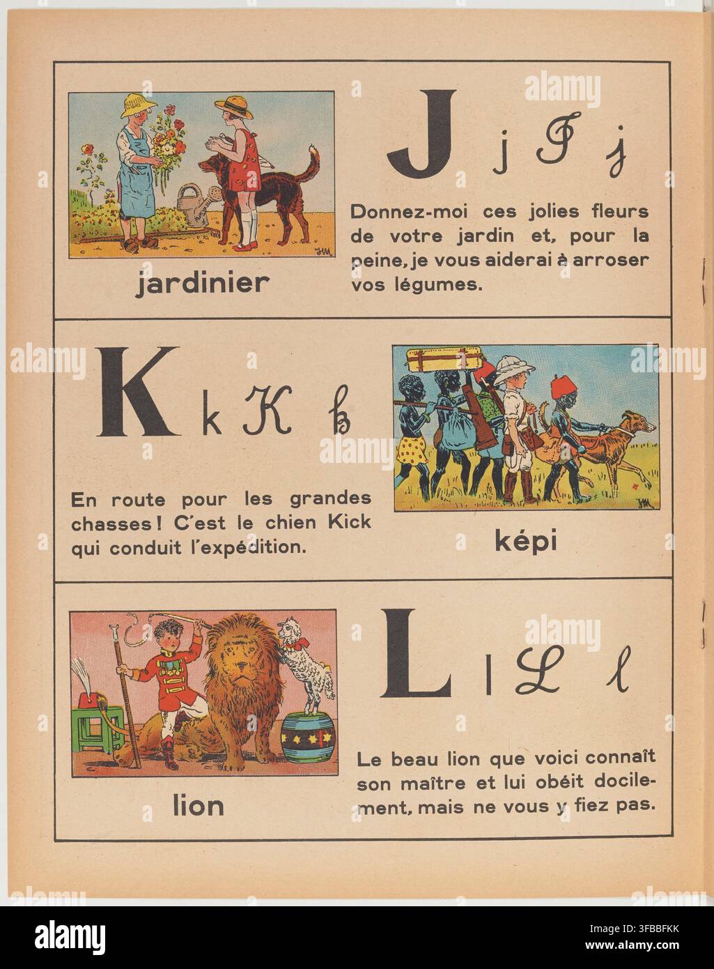 Una pagina del 1943 tratta da un libro per bambini, con illustrazioni e testi educativi su animali e attività, tra cui un leone e un cane, con didascalie francesi come "En route pour les grandes chasses!" e "Le beau lion que voici connaît son maître et lui obéit docilement". Foto Stock