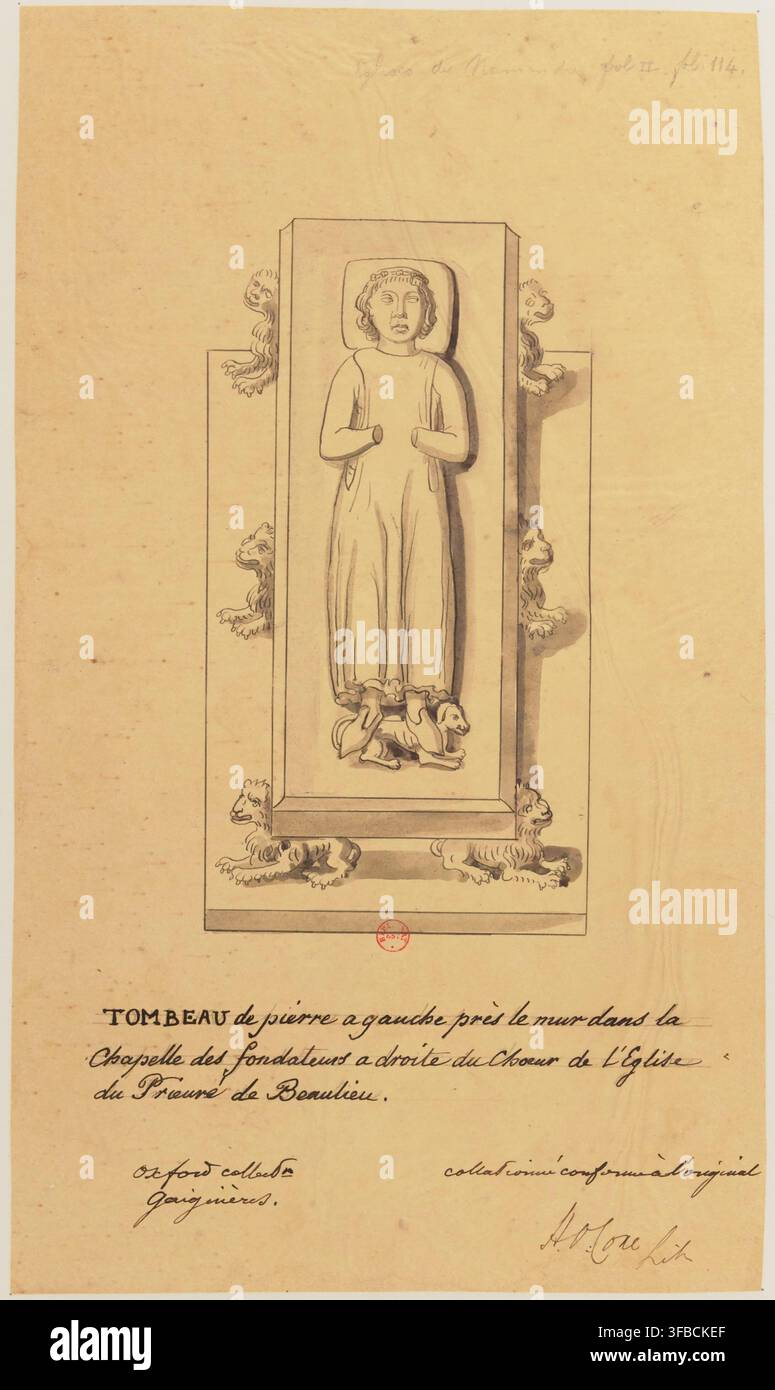 Una lapide del XIII secolo con una statua di un bambino, sostenuta da sei leoni, nella Cappella dei Fondatori, Chiesa del Priorato di Beaulieu, disegnata in stile medievale. Foto Stock