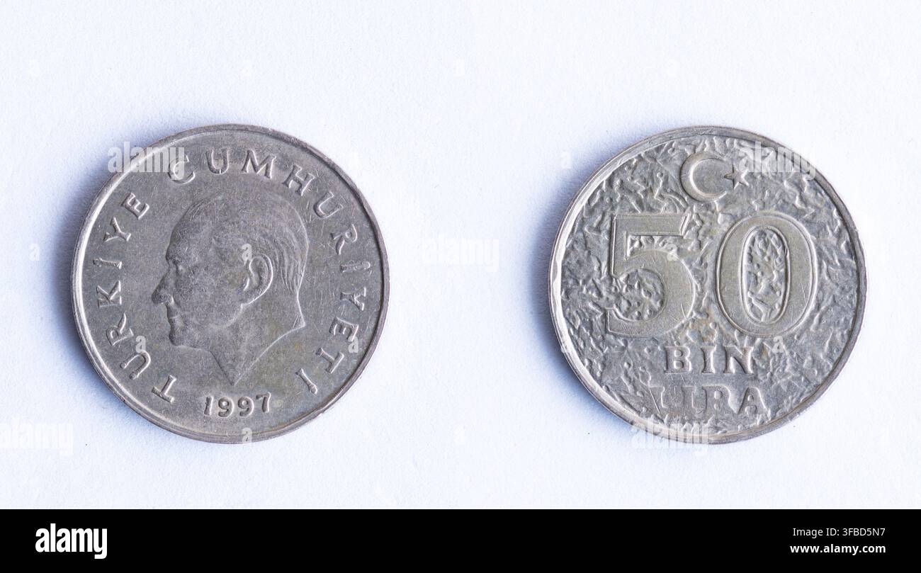 Moneta turca da 50.000 lire del 1997, dritto e rovescio Foto Stock