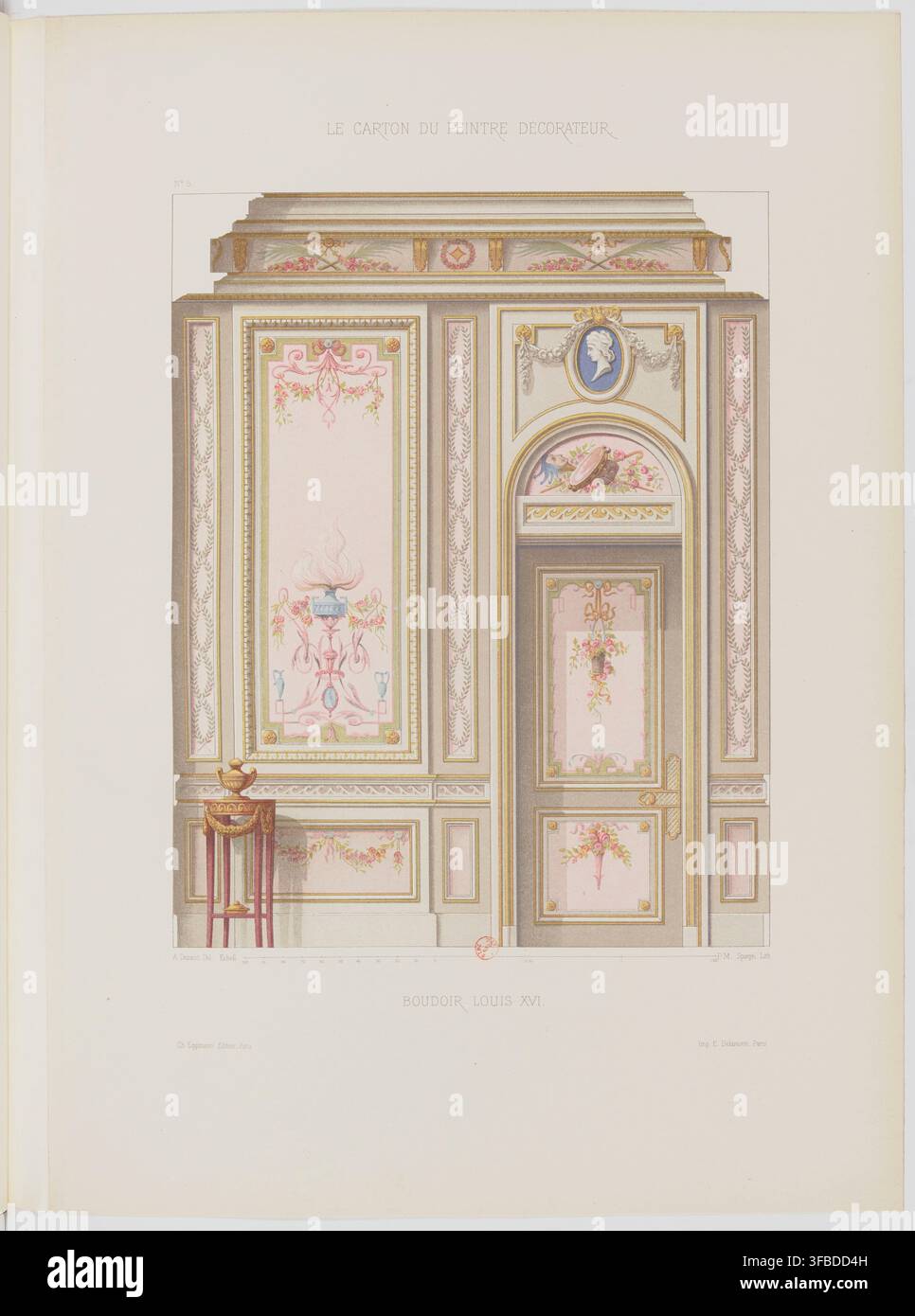 Un progetto di decorazione d'interni per un boudoir in stile Luigi XVI, tratto da LE CARTON DU PEINTRE DÉCORATEUR N° 6, pubblicato da Ch. Eguisheim, edito a Parigi e stampato da L. Delamotte, nel 1910. Foto Stock