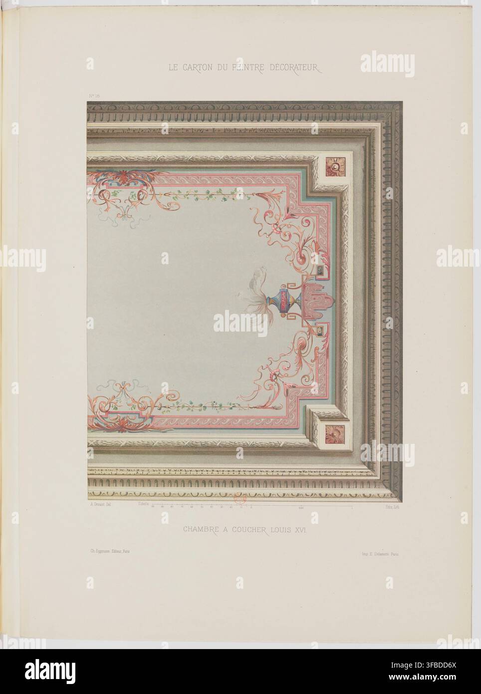 Un design di decorazione d'interni per una camera da letto in stile Luigi XVI, tratto da LE CARTON DU PEINTRE DÉCORATEUR, n. 18, pubblicato da Ch. Eggmann, curato da A Desout e stampato da E. Dianette a Parigi, 1910. Foto Stock