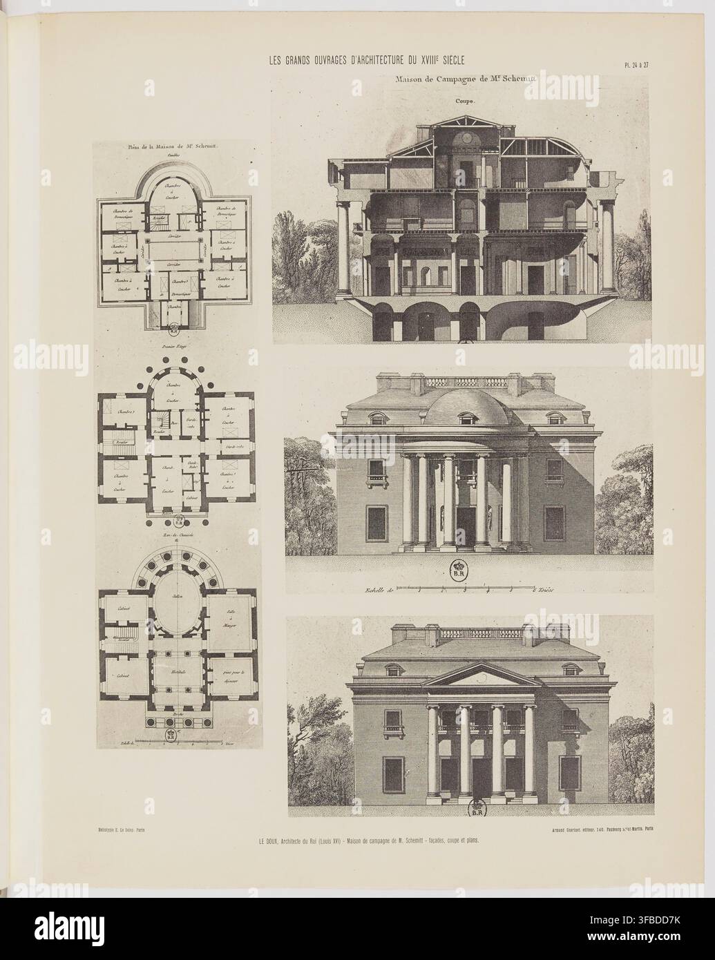 Disegni e progetti architettonici per una casa di campagna di M. Schmitt, progettata da Le Doux, Architecte du Roi sotto Luigi XVI, curata da Armand Guérinot e pubblicata a Parigi. Foto Stock