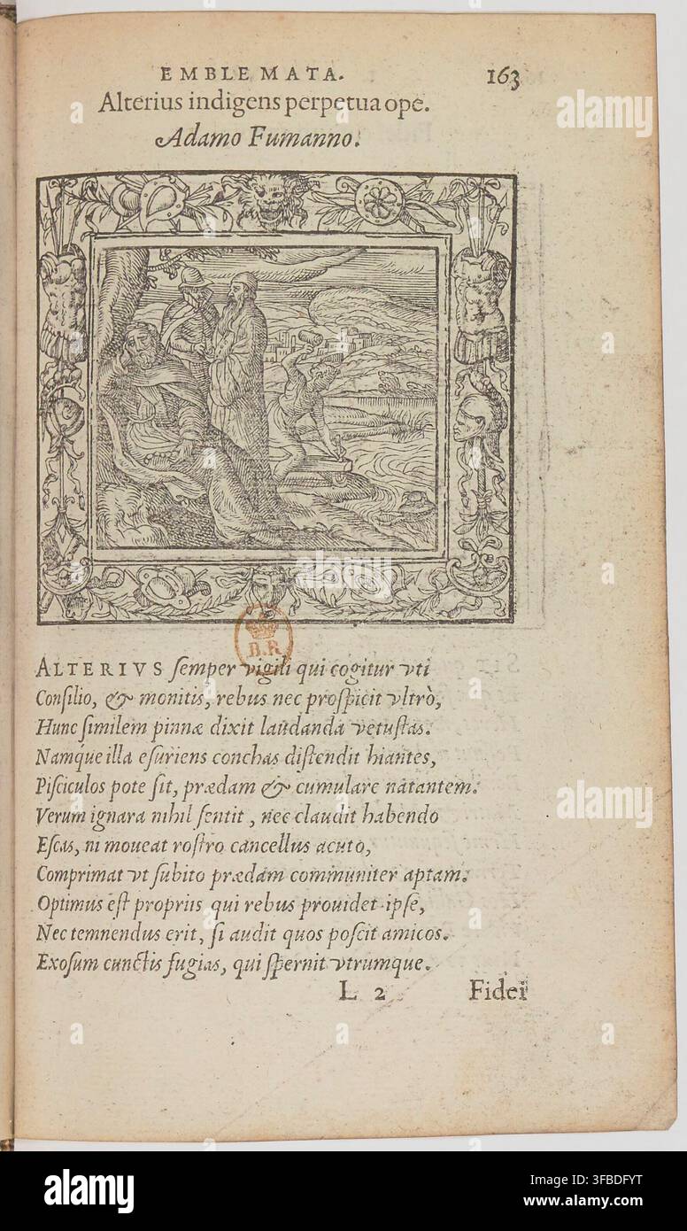 Una pagina di un libro di emblemi latino del 1564, con un'illustrazione e il testo "EMBLEMA Alterius indigens perpetua ope" di Adamo Fumanno, autore italiano di libri di emblemi. Foto Stock