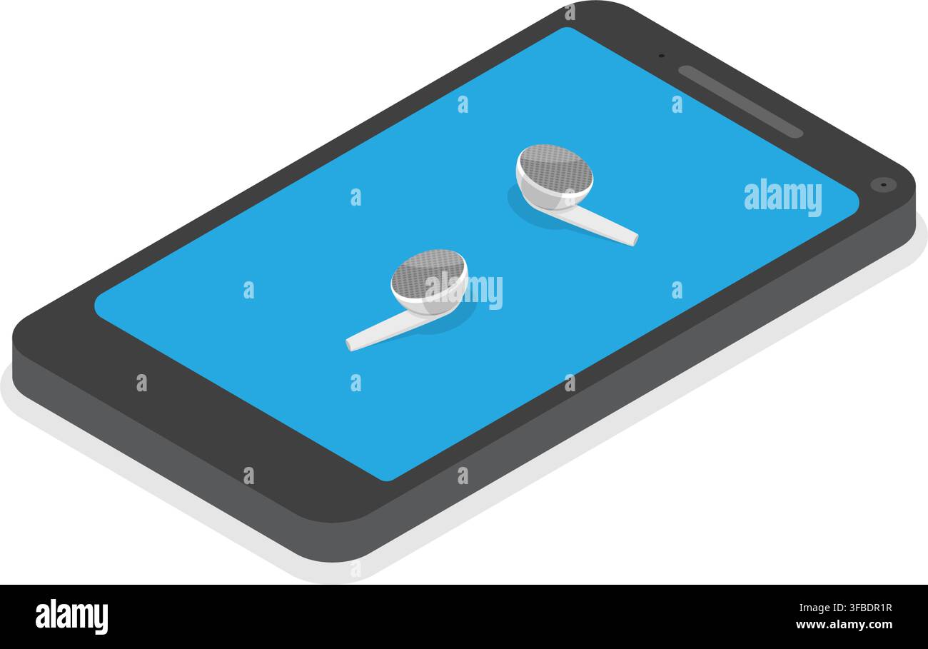 vista isometrica che mostra auricolari wireless bianchi posizionati sullo schermo di uno smartphone Illustrazione Vettoriale