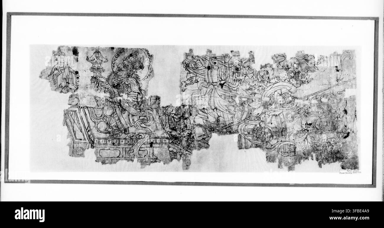 Vaiśravaṇa, uno yaksa, o figura religiosa indiana antica, in due disegni, uno lo mostra mentre cammina con una lancia e uno stūpa, e l'altro inginocchiato su una piattaforma, tenendo uno stūpa, con un assistente e un bambino, disegnato in uno stile simile agli affreschi trovati nelle grotte di Mogao. Foto Stock