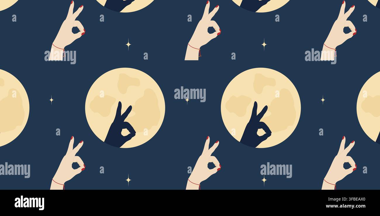 Coniglio ombra fatto con le dita della mano umana con luna piena Festival della Mezza Autunno Banner a motivi senza cuciture. Illustrazione vettoriale isolata Banner multimediale Sfondo per imballaggio, involucro o carta da parati, stampa, tessile Illustrazione Vettoriale