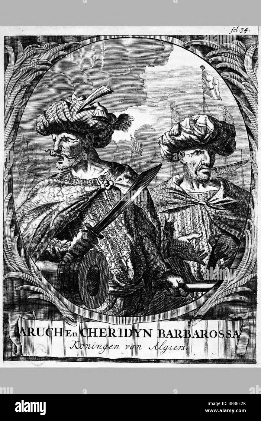 Un'incisione del 1684 che raffigura due uomini con turbanti e vesti, con il testo visibile „ARUCH en CHERIDYN BARBAROSSA Koningen van Algiers“, relativa alla schiavitù e ai mercanti di schiavi nel Nord Africa del XVII secolo, in particolare a Tunisi e Tripoli. Foto Stock