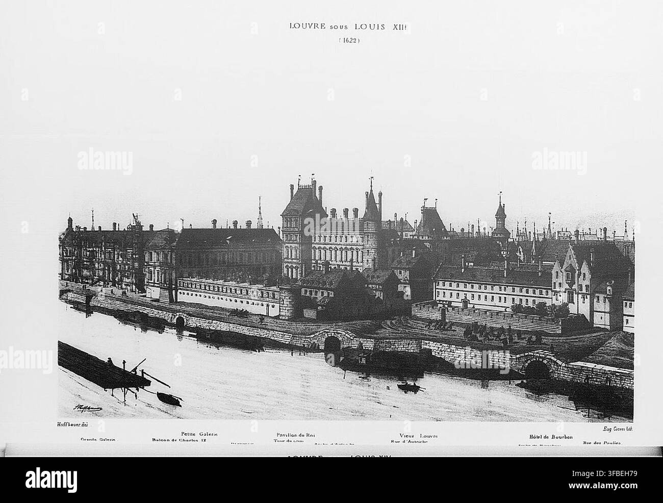 Una veduta cittadina del 1622 del Louvre sotto Luigi XIII, con luoghi notevoli tra cui la Grande Galerie, la Petite Galerie, il Balcon de Charles IX, il Pavillon du Roi, la Tour du coin, il Vieux Louvre, la Rue d'Austriche, l'Hotel de Bourbon e la Rue des Poules, da un'incisione di Eug Ciceri. Foto Stock