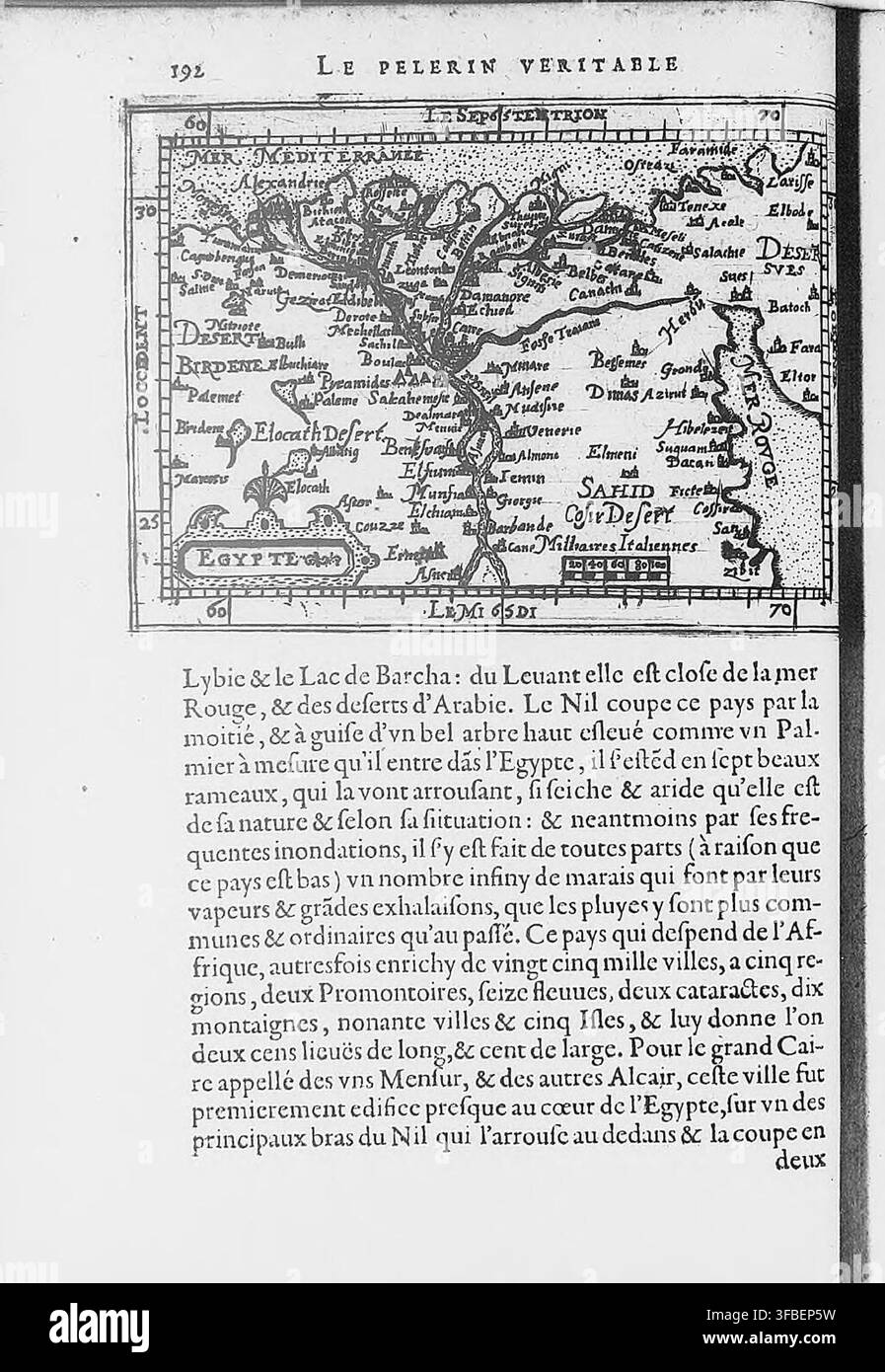 Una mappa del 1615 della Terra Santa, in particolare della regione di Lybic e del Lago di Barcha, con testo accompagnatorio che descrive la geografia e le caratteristiche dell'area, incluso il fiume Nilo e il suo percorso attraverso l'Egitto. Foto Stock