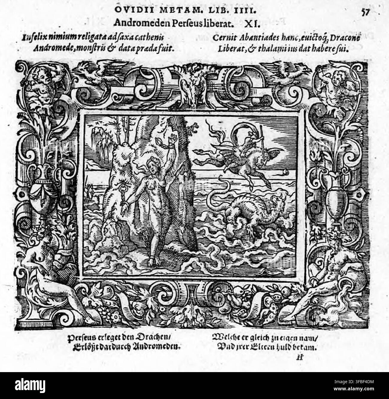 Un'illustrazione a xilografia del 1569 che raffigura la scena mitologica di Perseo che libera Andromeda, dalle Metamorfosi di Ovidio, libro IV, con testo latino e tedesco che descrive la scena. Foto Stock