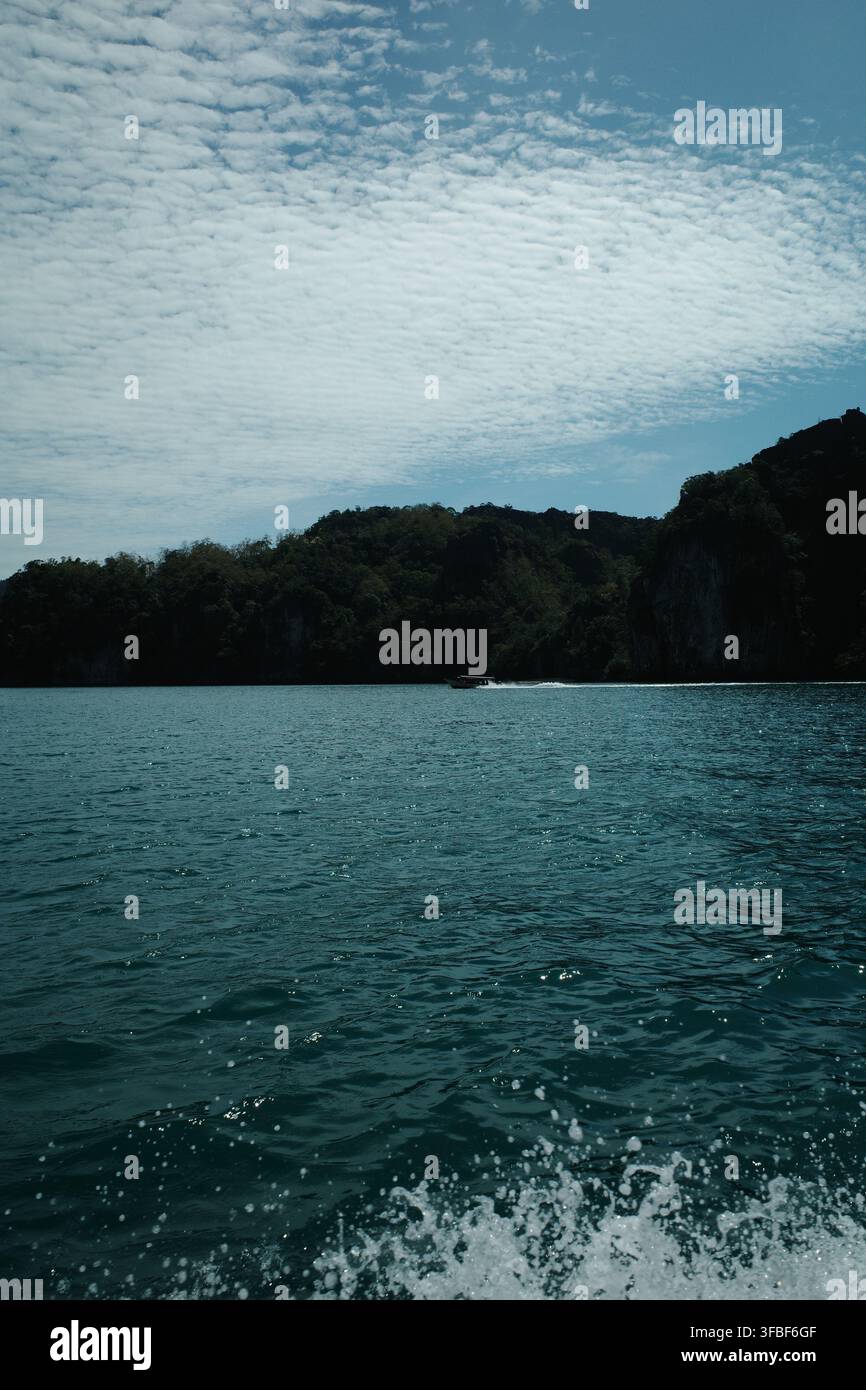 Motoscafo che scivola su acque turchesi vicino a scogliere boscose Foto Stock