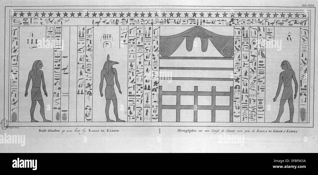 Un interno di tomba egizia antica con geroglifici e figure, vicino a Kalla el Kabsk, Il Cairo, in un'incisione del 1776. Foto Stock
