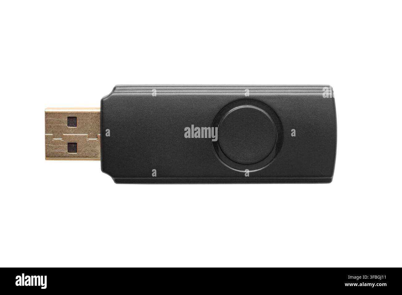 Chiavetta USB in plastica nera isolata su sfondo bianco. Primo piano della chiavetta USB. Foto Stock