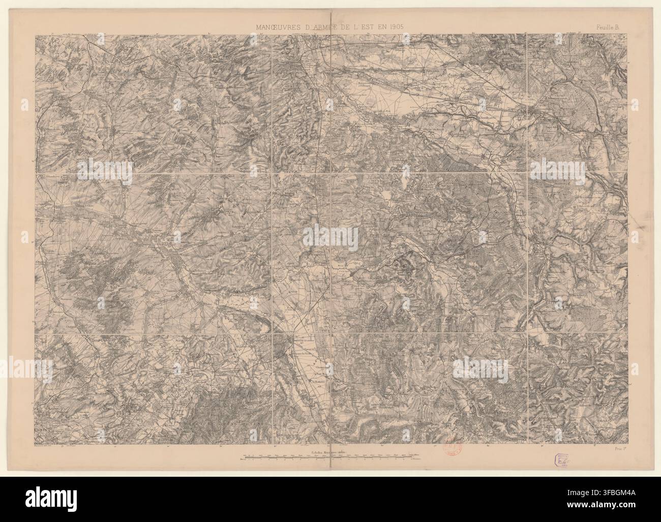 Una mappa militare del 1905 delle manovre nell'est della Francia, in particolare la regione intorno a Vitry-le-François, Châlons-en-Champagne e Brienne-le-Château, intitolata "MANCEUVRES D'ARMEE DE L'EST EN 1905" e contrassegnata come "Feuille B". Foto Stock