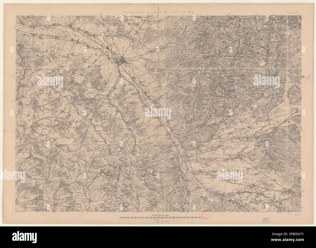 Una mappa dettagliata delle manovre militari nell'est della Francia, nello specifico la regione intorno a Vitry-le-François, Châlons-en-Champagne e Brienne-le-Château, nel 1905, intitolata "MANGÈUVRES D'ARMÉE DE L'EST EN 1905" e contrassegnata come "Feuille A". Foto Stock
