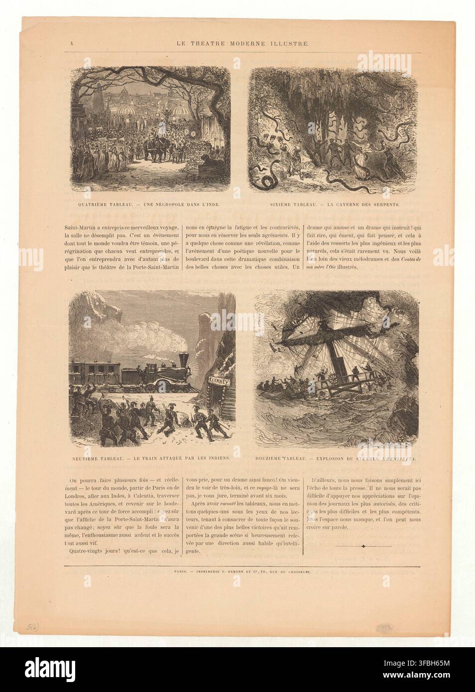 Un'incisione stampata del 1874, intitolata Le Theatre Moderne Illustre, che presenta quattro scene teatrali, tra cui una necropoli in India, una grotta di serpenti, un attacco a un treno da parte di indiani e l'esplosione del piroscafo Henrietta, pubblicata da Imprimerie F. Debons et Cie a Parigi. Foto Stock