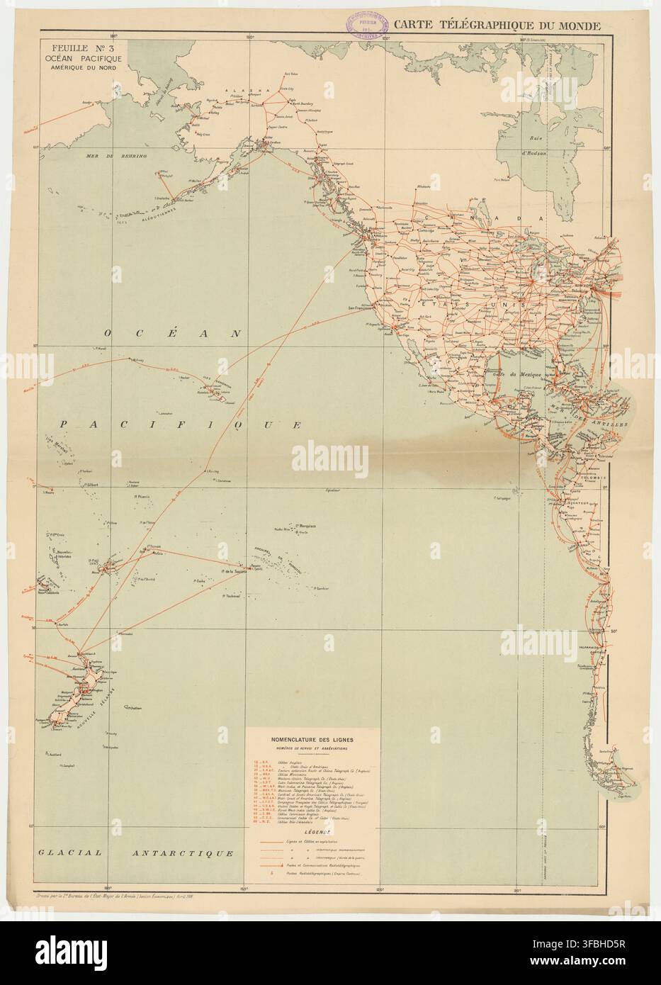 Una mappa telegrafica del mondo del 1918, che mostra l'Oceano Pacifico e il Nord America, con una chiave per le linee telegrafiche. Foto Stock