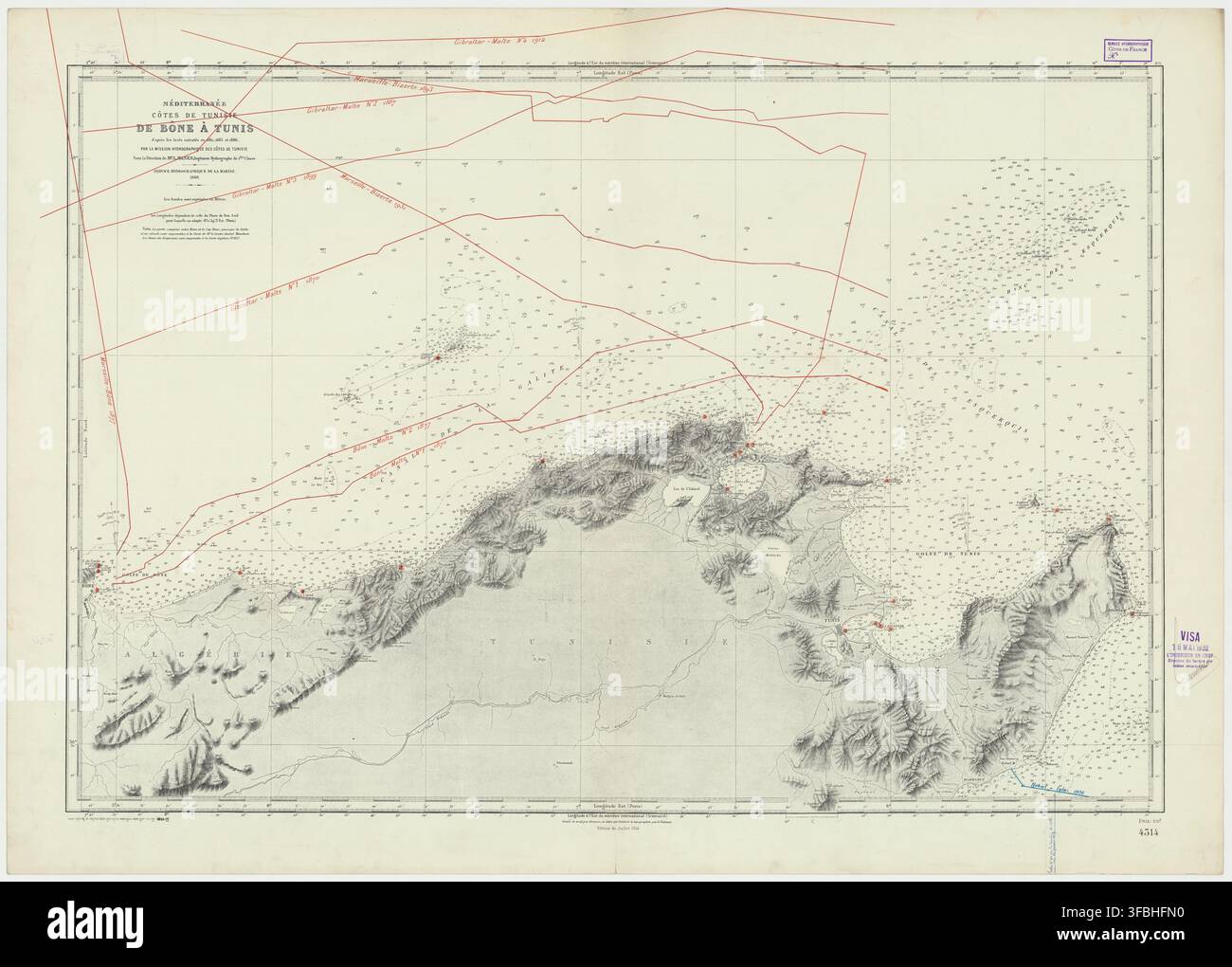 Una mappa storica della regione mediterranea, in particolare delle coste della Tunisia e di alcune parti del Nord Africa, inclusi dettagli sulle linee telegrafiche e sulle rotte marittime, pubblicata nel 1832. Foto Stock