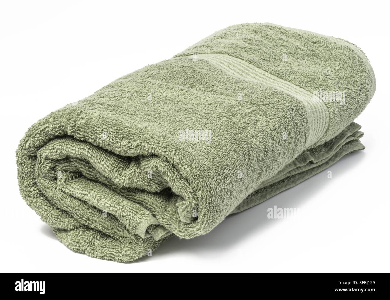 Telo di spugna verde intrecciato su sfondo bianco Foto Stock