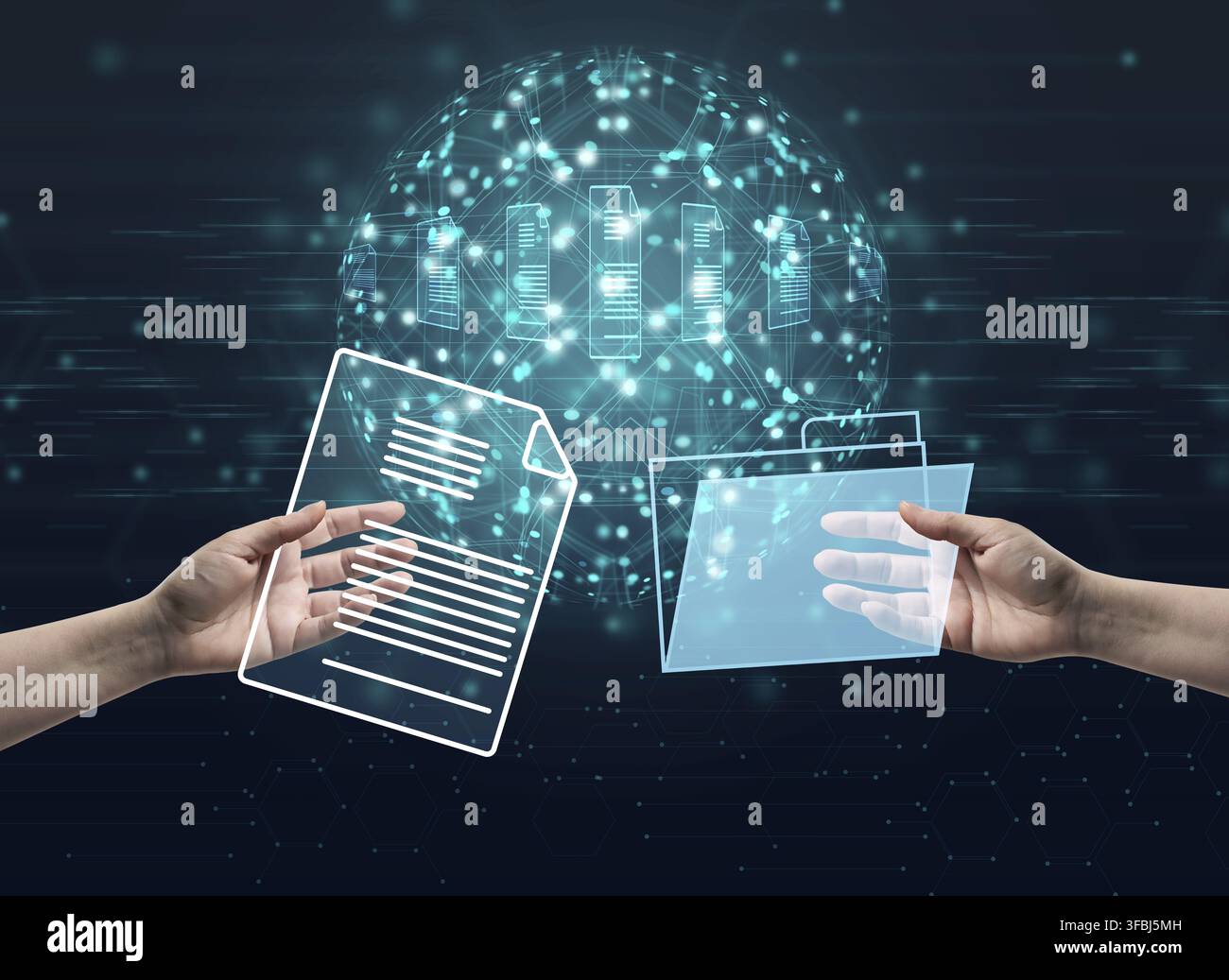 Mano che tiene file e cartella virtuali. Il concetto di scambio rapido di informazioni, tecnologia senza carta. Business globale senza burocrazia Foto Stock