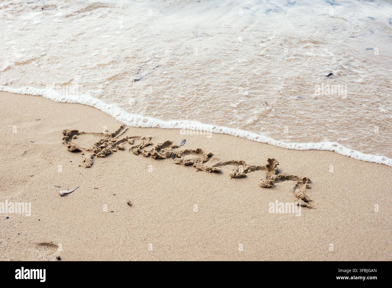 La parola sogno scritta nella sabbia bagnata su una spiaggia tropicale scenografica con dolci onde dell'oceano che si infrangono sulla costa dorata, Grecia. Foto Stock