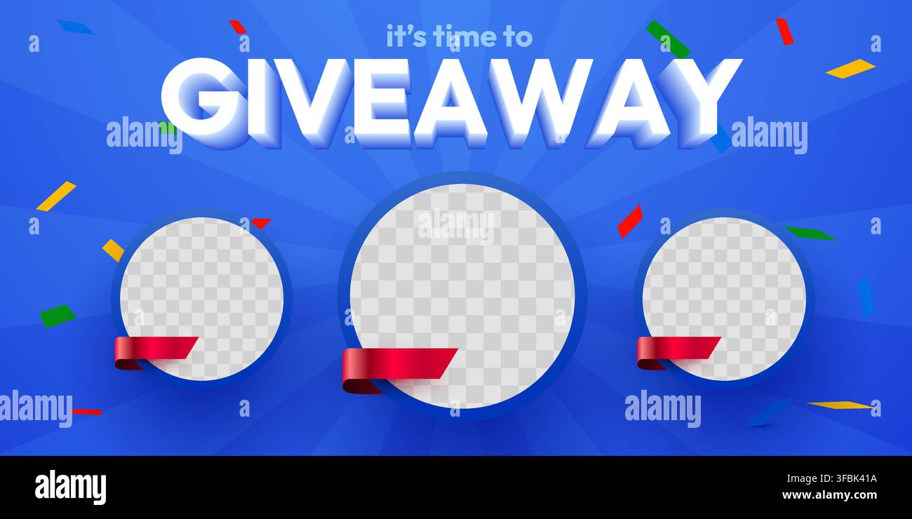 Modello di banner per social media per giveaway con spazi per foto circolari per la promozione del concorso. Illustrazione vettoriale Illustrazione Vettoriale