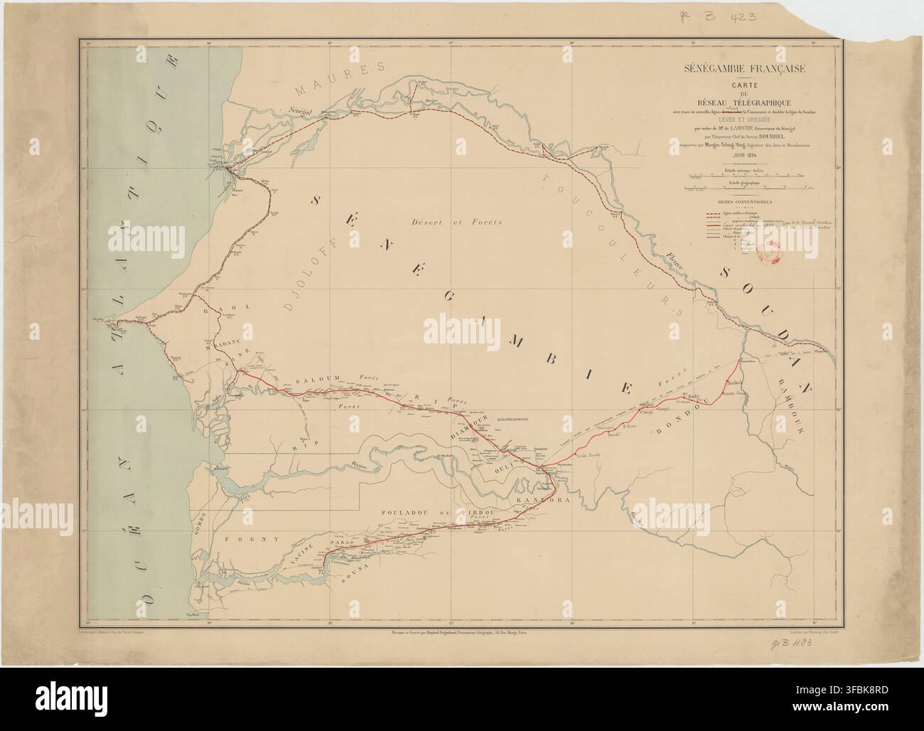 Una mappa del Senegambia, datata giugno 1854, che mostra la rete telegrafica con nuove linee proposte e modifiche alle linee esistenti nella regione del Senegal, creata per ordine di M. de LaMothe, Governatore del Senegal, e preparata da Inspecteur Chef du Service Doubrel, con il contributo di Moréga Teleg Yorg, inspecteur des Arts et Manufactures. Foto Stock