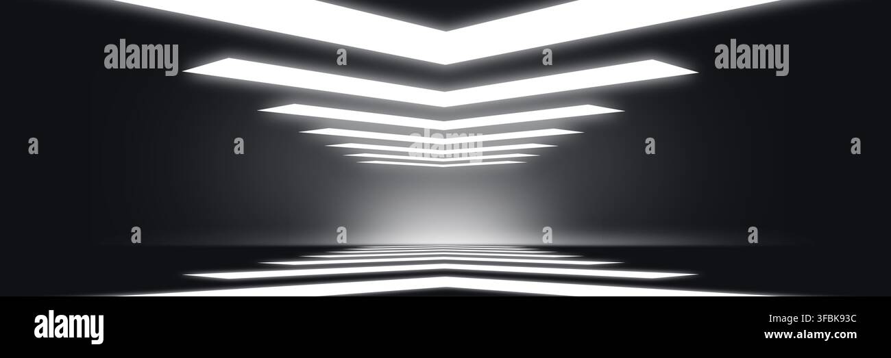 Sala podiale nera futuristica con frecce a chevron bianche luminose sul soffitto e luci a freccia al neon riflettenti sul pavimento contro uno sfondo scuro da studio Foto Stock