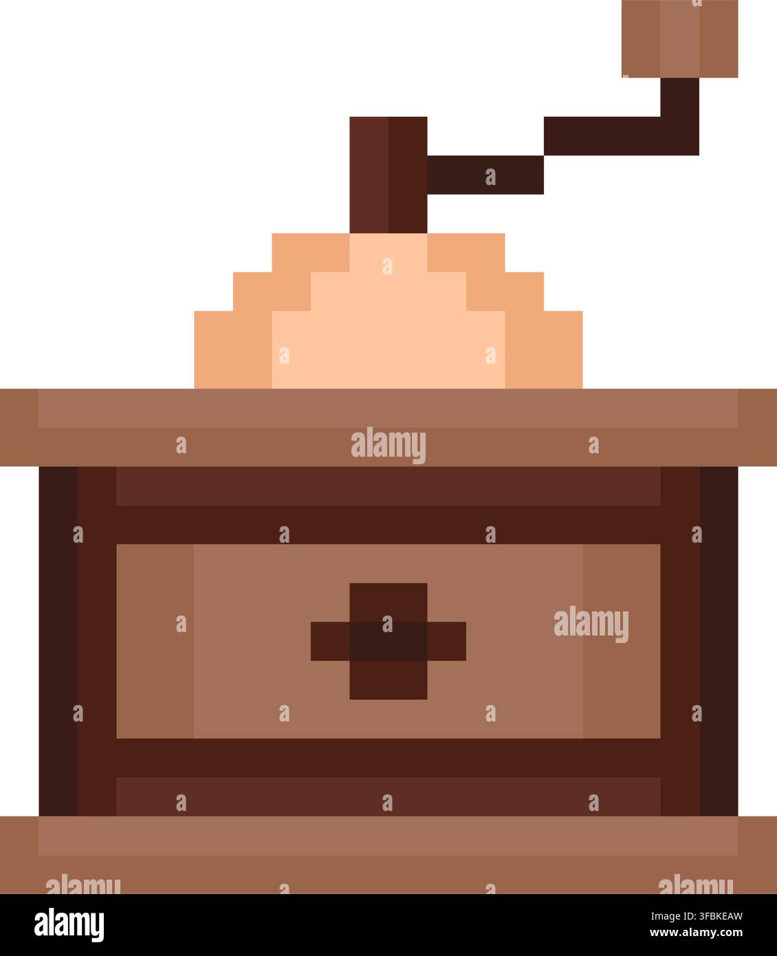 Macinacaffè manuale macina utensile stile pixel art illustrazione scatola di legno marrone accentuata. Macinacaffè manuale vintage maniglia serbatoio chicchi macinati produttore g Illustrazione Vettoriale