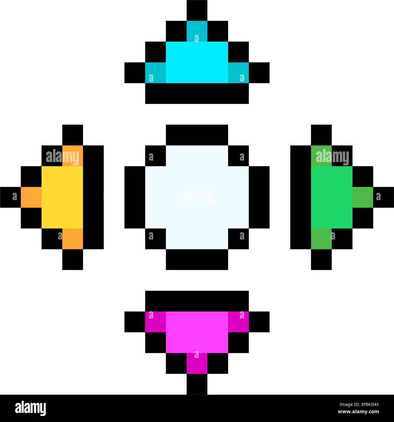 Icona stile pixel art di frecce di controllo di navigazione direzionale D-pad interfaccia utente di gioco colorata. Quattro frecce direzionali pulsante di selezione centrale gioco pixelato cont Illustrazione Vettoriale