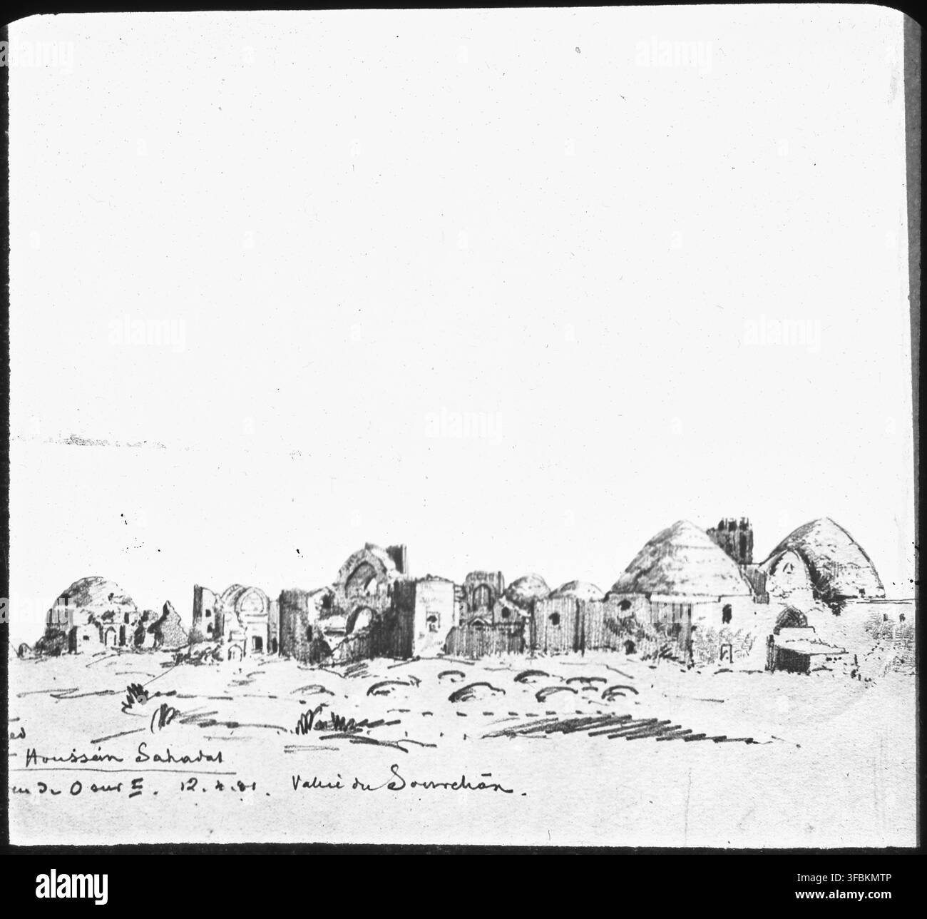 Un disegno delle rovine di Amir Housseïn Sahadāt a Chahr-i-Samāne, nella valle di Sourchāne vicino a Bukhara, creato da Guillaume Capus, un incisore francese, nel 1881, durante un viaggio guidato. Foto Stock